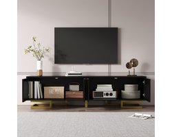 MODFU Tv-Meubel – 160x38x44,5 cm – Gestructureerde deuren – Met goudkleurige poten – Moderne televisiekast voor de woonkamer – Spaanplaat – Zwart