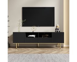 MODFU TV-meubel 165x36x55 cm van spaanplaat, zwart met gouden poten, 2 vakken en greeploze lades