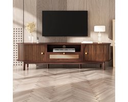MODFU Tv-meubel – 165x37x46 cm – Rotan details & schuifdeur – Walnoot – Landhuisstijl – Tv-kast met natuurlijke uitstraling – MDF