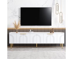 MODFU TV-meubel 170x35x47.5 cm van MDF, modern sculpturaal ontwerp met 3D-deuren, gouden accenten en opbergruimte