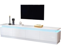 MODFU TV-meubel 180x34x40 cm van spaanplaat, hoogglans wit, 4 laden en aanpasbare LED-lichtstrip