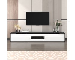 MODFU TV-meubel 180x35x30 cm van MDF en spaanplaat, hoogglans zwart-wit, met LED-verlichting en ruime opbergruimte