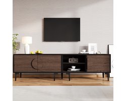 MODFU Tv-meubel – 180x35x49 cm – Donker eiken met zwart frame – 3 deuren & open vakken – Tv-kast met ruime opbergruimte – MDF – Modern design