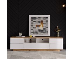 MODFU TV-meubel 180x38x46 cm van MDF, wit en houtkleurig met rasterpaneel en verborgen greep