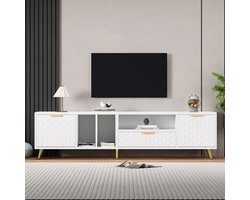 MODFU TV-meubel 180x40x41 cm van spaanplaat, witte honingraatdeuren met gouden poten en open vakken
