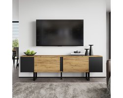 MODFU Tv-meubel – 180x40x55 cm – 2 deuren & open vakken – Houtkleur met zwart – Soft-close – Tv-kast voor woonkamer – Spaanplaat – Modern design