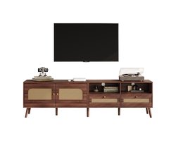 MODFU TV-meubel 200 x 37 x 49,5 cm van spaanplaat en rotan, bruin, 2 deuren en 2 laden, modern