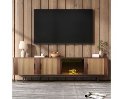 MODFU Tv-meubel – 200x35x53 cm – Met LED-verlichting & app-bediening – Glazen deuren – Walnootbruin met zwart – Tv-kast met sfeerlicht – MDF & spaanplaat – Modern design