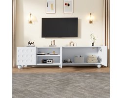 MODFU TV-meubel 200x40x44 cm spaanplaat, wit bedrukte deuren, 3 deuren, halfopen vakken, 5 poten, voor tv tot 80 inch