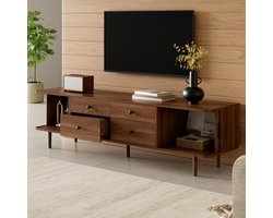 MODFU - TV-Meubel - 4 Lades En 2 Schuifdeuren - Ronde Hoeken - MDF - Walnoot - 165 Cm