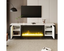 MODFU TV-meubel hoogglans spaanplaat wit/zwart, deuren met push-to-open en elektrische haard