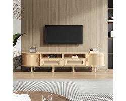 MODFU – Tv-Meubel met 2 Laden en 2 Schuifdeuren – Ovaal Vintage Ontwerp – Rattan Accenten & Reliëf – Licht Eiken – MDF – 170x40x40 cm – Voor Woonkamer