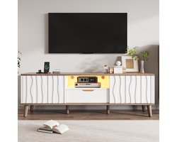 MODFU TV-Meubel - RGB-Verlichting En Schuifdeuren - Modern - Voor Woonkamer - MDF En Spaanplaat - Wit En Donker Walnoot - 160 x 40 x 52 cm