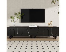 MODFU - Tv-Meubel - Ruime Opbergruimte - Minimalistisch - Voor Woonkamer - Spaanplaat En Houten Poten - Zwart - 180 x 40 x 42 cm