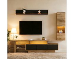 MODFU - Tv-Meubelset - Met Vitrine En Wandplank - Modern - Voor Woonkamer - MDF En Acryl - Zwart En Natuurkleur - 180 Cm