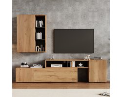 MODFU - Tv-Meubelset Met Wandkast - Verstelbare Lengte En Opbergruimte - Modern - Voor Woonkamer - Spaanplaat - Eikenkleur En Zwart