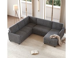MODFU - U-Vormige Hoek-Slaapbank - Slaapfunctie - Opbergruimte - Corduroy - Grijs - 274 X 220 X 85 Cm