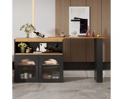 MODFU Uitrekbare Bartafel 138-193×39×105 cm Zwart MDF – 360° Draaibaar, Opbergruimte, Instelbare LED