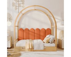 MODFU Uitschuifbaar Boogbed 140x100 cm – Massief grenen – Slaapbankfunctie – Met fluwelen hoofdkussen – Naturel/oranje
