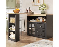 MODFU - Uitschuifbaar Draaibaar Sideboard Met 2 Laden En Glazen Deur - Modern - MDF - Zwart - 138-204 x 39 x 104 cm