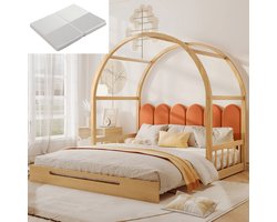 MODFU - Uitschuifbaar Huisbed Met Gebogen Dak - Kinderbed En Bedbank - Met Matras - Grenenhouten Frame - Naturel En Oranje - 140x100/140x200 Cm