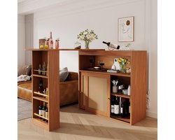 MODFU Uitschuifbare Bartafel met Rattan Schuifdeuren, Verstelbare Planken, 138–193×39×104 cm