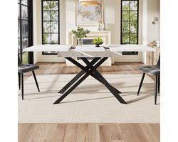 MODFU Uitschuifbare eettafel 120–160×80×76,5 cm – wit gemarmerd MDF & zwarte kruispoten