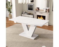 MODFU Uitschuifbare Eettafel - 120-160x80x75.5 cm - V-Vormige Metalen Poten - Modern Design - Voor 4-8 Personen - MDF - Wit