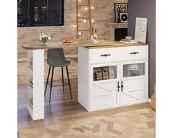 MODFU Uitschuifbare eettafel en bartafel – 360° draaibaar met opbergruimte – Modern design voor keuken of eetkamer – MDF – Wit 138-204x39x104 cm