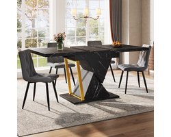 MODFU - Uitschuifbare Eettafel - Marmerlook - Klassiek - Voor Keuken En Eethoek - MDF En Metaal - Zwart - 110-140 X 80 X 76 Cm