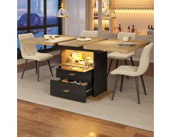 MODFU Uitschuifbare eettafel met LED-verlichting en 2 laden – Modern design voor keuken of balkon – MDF en metaal – Houtkleur 110-140x80x75 cm