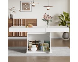 MODFU - Uitschuifbare Eettafel Met Opbergruimte - Rechthoekig Modern Ontwerp - Voor Eethoek - Spaanplaat En Metaal - Wit - 140/180 x 80 x 76 cm