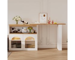 MODFU Uittrekbare Bartafel 138–193×39×105 cm Draaibaar 360° Drie Opbergniveaus Instelbare LED Wit