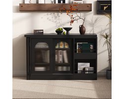 MODFU Uittrekbare bartafel 360° draaibaar met opbergruimte en geribbeld glazen schuifdeuren - zwart