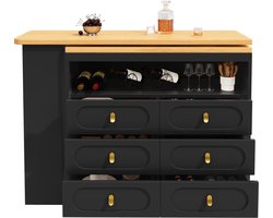 MODFU Uittrekbare Bartafel met 360° Draai functie en Opbergruimte, Verstelbaar van 138-203 cm, Zwart, Rollende Tafel met Laden voor Keuken, Woonkamer, Eetkamer, Thuiswerk