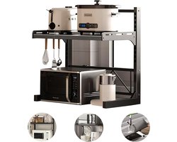 MODFU Verstelbaar Magnetronrek 39-62×33×52-59 cm – Tweelaags Keukenrek met 4 Haken – Ruimtebesparende Opbergrek voor Aanrecht – Stevig Metaal – Zwart