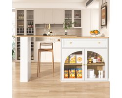 MODFU Verstelbare Bartafel met Opbergruimte (138-204 x 39 x 104 cm), 360° Draaibaar, Moderne Mobiele Bartafel met Planken en Glazen Kast, Witte Keukeneiland Tafel