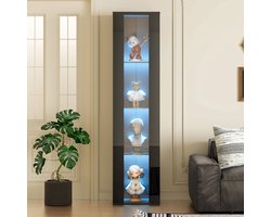 MODFU - Vitrinekast - 4 Niveaus - Ledverlichting Met Kleurwissel - Modern - Voor Woonkamer Of Kantoor - Spaanplaat - Zwart - 40 x 29 x 170 cm