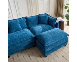 MODFU Voetenbank, gestoffeerd van chenille, blauw, modern ontwerp