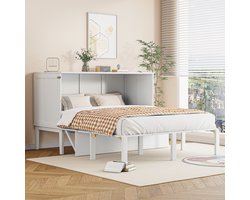 MODFU Wandbed ledikant 140x200 cm van hout, verticaal inklapbaar met lattenbodem, wit