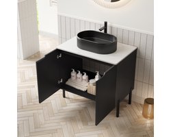 MODFU - Wastafelmeubel - Ovale Keramische Wastafel Met Strepen En Blad Van Gesinterde Steen - Franse Romantische Stijl - Vrijstaand - Zwart