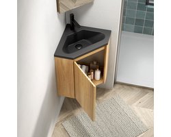 MODFU - Wastafelmeubel Voor Hoeken - Geïntegreerde Harswastafel - Minimalistisch - Voor Kleine Ruimtes - Zwart En Natuurlijke Houtkleur