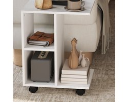 MODFU Witte C-vormige Salontafel met Wielen - Verplaatsbare Koffietafel voor Kleine Ruimtes, 45 x 35 x 58 cm