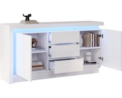 MODFU Witte hoogglans dressoir 140x35x72 cm met LED-verlichting, 3 lades en 2 deuren met verstelbare legplanken, opbergkast voor woonkamer of slaapkamer