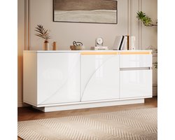 MODFU Witte hoogglans dressoir 140x40x60 cm met LED-verlichting, 3 kasten, 1 lade en verstelbare legplanken, MDF opbergkast voor woonkamer