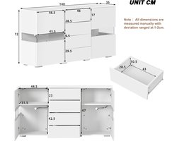 MODFU Witte hoogglans dressoir met 16-kleuren LED-verlichting, moderne opbergkast voor woonkamer of eetkamer