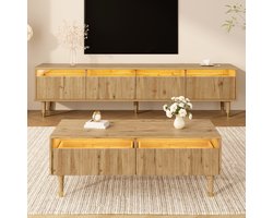 MODFU - Woonkamerset - Tv-Meubel En Salontafel - Led-Verlichting - Golfstructuur - Modern - Woonkamer - MDF - Houtkleur