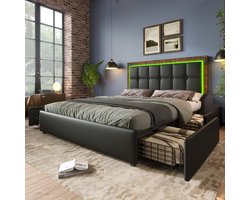 MODFU Zwart PU gestoffeerd tweepersoonsbed 160x200 met LED, 4 lades en verstelbare hoofdbord, inclusief matras