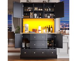 MODFU Zwarte Hochschrank met LED-Verlichting en App-Bediening (115x40x180 cm), Moderne Kast met 4 Deuren en 5 Lades, Keukenvitrine met Muziek-Lichtfunctie en Kipbeveiliging