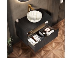 MODFU - Zwevend Wasmeubel - Keramische Wastafel En Sensorverlichting - Met Lade En Open Vak - Badkamer - Zwart En Steenwit